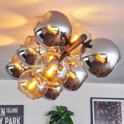 hofstein Koyoto Plafonnier, Boule lumineuse Ambre, Chrome, Fumé, 10 lumières