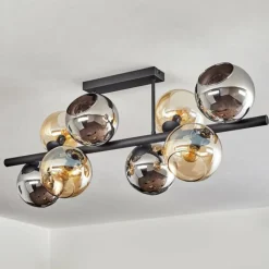 hofstein Koyoto Plafonnier, Boule lumineuse Ambre, Chrome, Fumé, 8 lumières