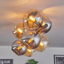 hofstein Koyoto Plafonnier, Boule lumineuse Ambre, Chrome, Fumé, 8 lumières