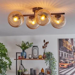 hofstein Koyoto Plafonnier, Boule lumineuse Ambre, 4 lumières