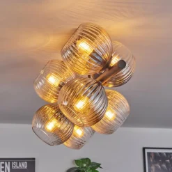 hofstein Koyoto Plafonnier, Boule lumineuse Ambre, Clair, Fumé, 8 lumières