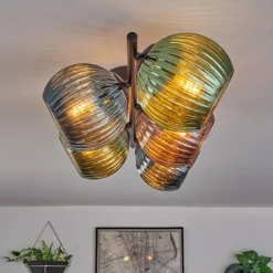 hofstein Koyoto Plafonnier, Boule lumineuse Bleu, Vert, Cuivré, 5 lumières