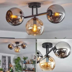 hofstein Koyoto Plafonnier, Boule lumineuse Ambre, Chrome, Fumé, 3 lumières