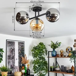 hofstein Koyoto Plafonnier, Boule lumineuse Ambre, Chrome, Fumé, 3 lumières