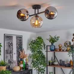 hofstein Koyoto Plafonnier, Boule lumineuse Ambre, Chrome, Fumé, 3 lumières