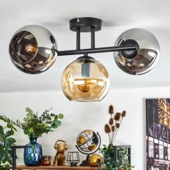 hofstein Koyoto Plafonnier, Boule lumineuse Ambre, Chrome, Fumé, 3 lumières