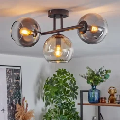 hofstein Koyoto Plafonnier, Boule lumineuse Ambre, Chrome, Fumé, 3 lumières
