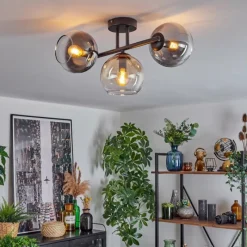 hofstein Koyoto Plafonnier, Boule lumineuse Ambre, Chrome, Fumé, 3 lumières