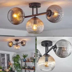 Suspension Verre Fumé-hofstein Koyoto Plafonnier, Boule lumineuse Ambre, Clair, Fumé, 3 lumières