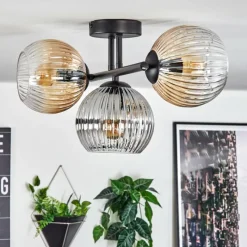 hofstein Koyoto Plafonnier, Boule lumineuse Ambre, Clair, Fumé, 3 lumières