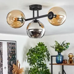 hofstein Koyoto Plafonnier, Boule lumineuse Ambre, Chrome, Fumé, 3 lumières