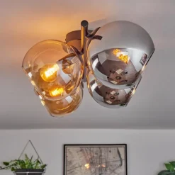 hofstein Koyoto Plafonnier, Boule lumineuse Ambre, Chrome, Fumé, 4 lumières
