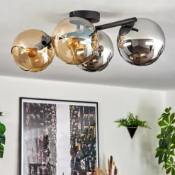 hofstein Koyoto Plafonnier, Boule lumineuse Ambre, Chrome, Fumé, 4 lumières