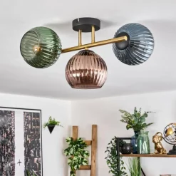 Lampes Dorées-hofstein Koyoto Plafonnier, Boule lumineuse 30 cm Or, Noir, 3 lumières