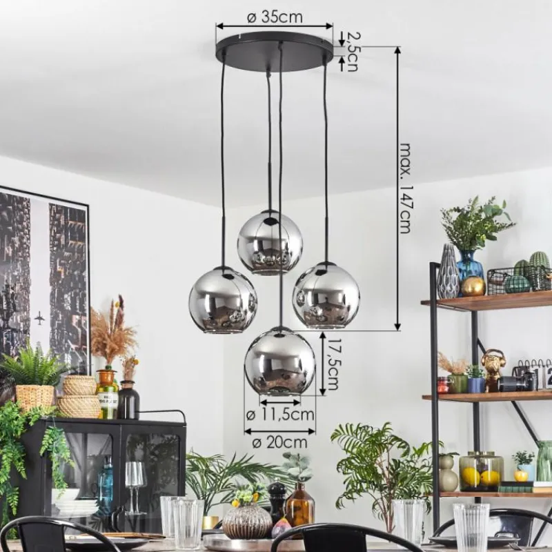 hofstein Koyoto Suspension, Boule lumineuse Chrome, Fumé, 4 lumières