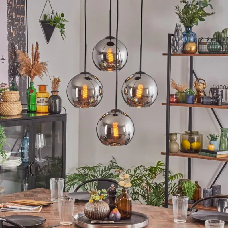 hofstein Koyoto Suspension, Boule lumineuse Chrome, Fumé, 4 lumières