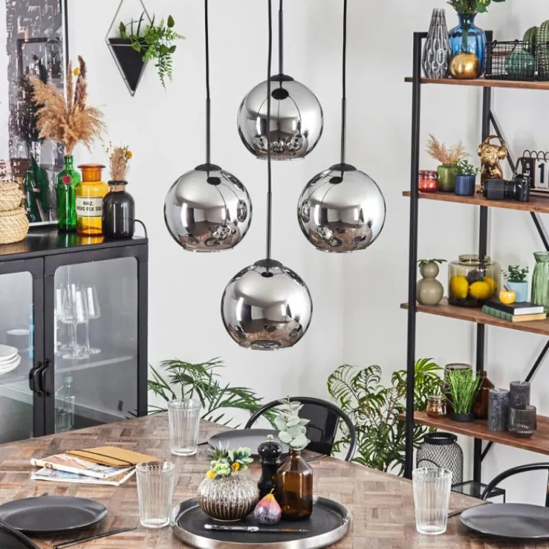 hofstein Koyoto Suspension, Boule lumineuse Chrome, Fumé, 4 lumières