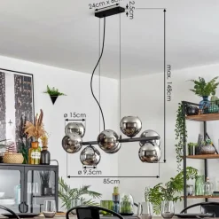 hofstein Koyoto Suspension, Boule lumineuse, Suspension Chrome, Fumé, 8 lumières