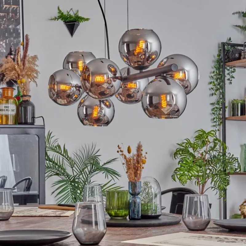 hofstein Koyoto Suspension, Boule lumineuse, Suspension Chrome, Fumé, 8 lumières