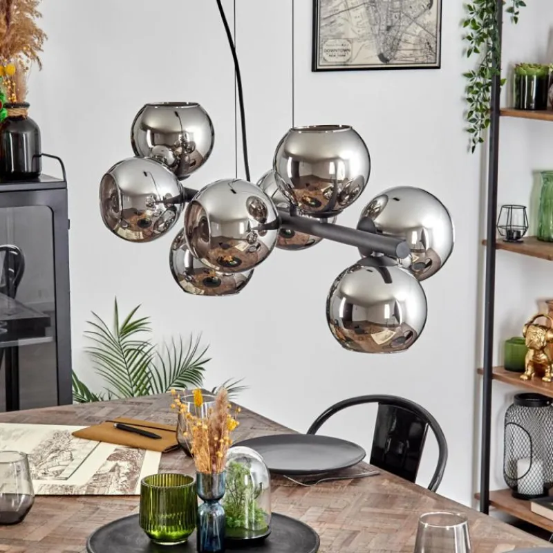 hofstein Koyoto Suspension, Boule lumineuse, Suspension Chrome, Fumé, 8 lumières