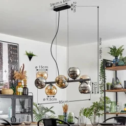 hofstein Koyoto Suspension, Boule lumineuse, Suspension Ambre, Chrome, Fumé, 8 lumières