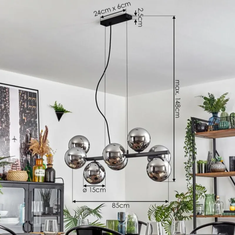 hofstein Koyoto Suspension, Boule lumineuse, Suspension Chrome, Fumé, 8 lumières