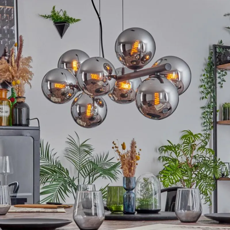 hofstein Koyoto Suspension, Boule lumineuse, Suspension Chrome, Fumé, 8 lumières