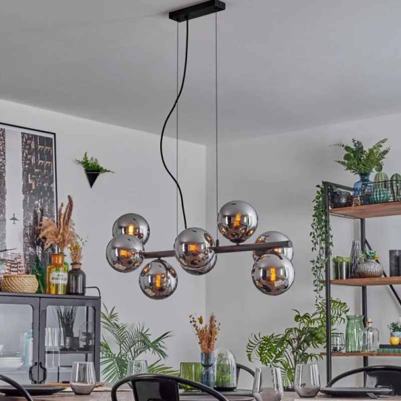 hofstein Koyoto Suspension, Boule lumineuse, Suspension Chrome, Fumé, 8 lumières