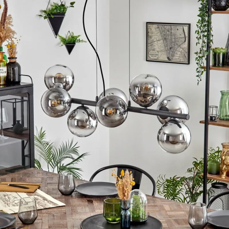 hofstein Koyoto Suspension, Boule lumineuse, Suspension Chrome, Clair, Fumé, 8 lumières