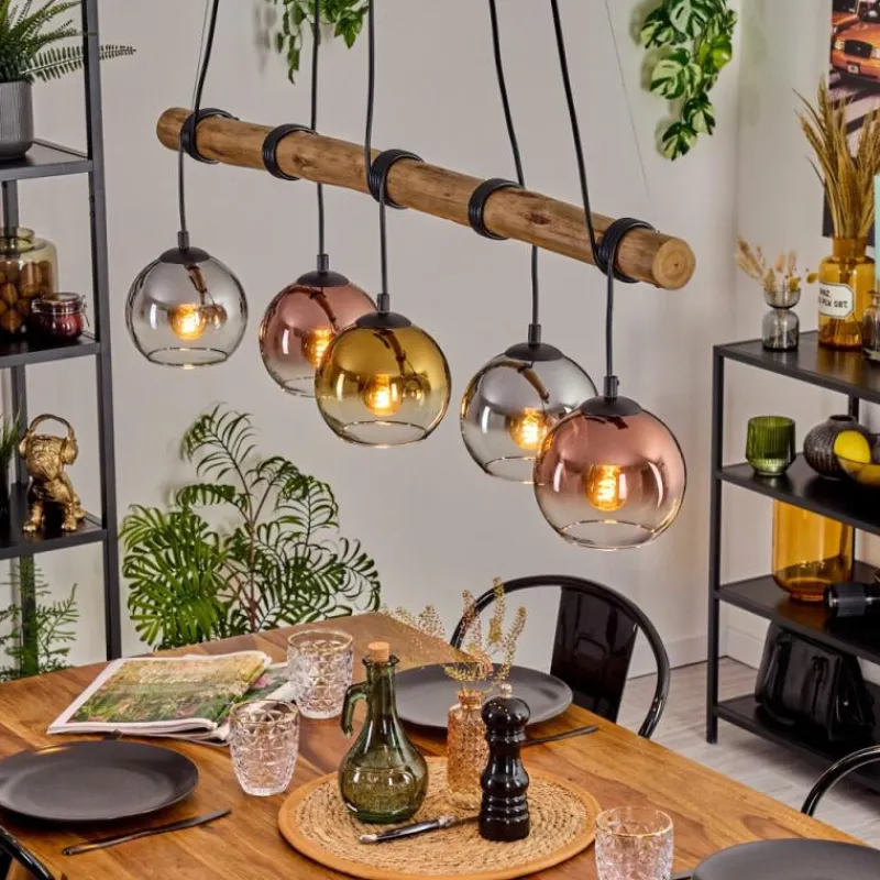 Lampes Dorées-hofstein Koyoto Suspension, Boule lumineuse, Suspension Écru, Noir, 5 lumières