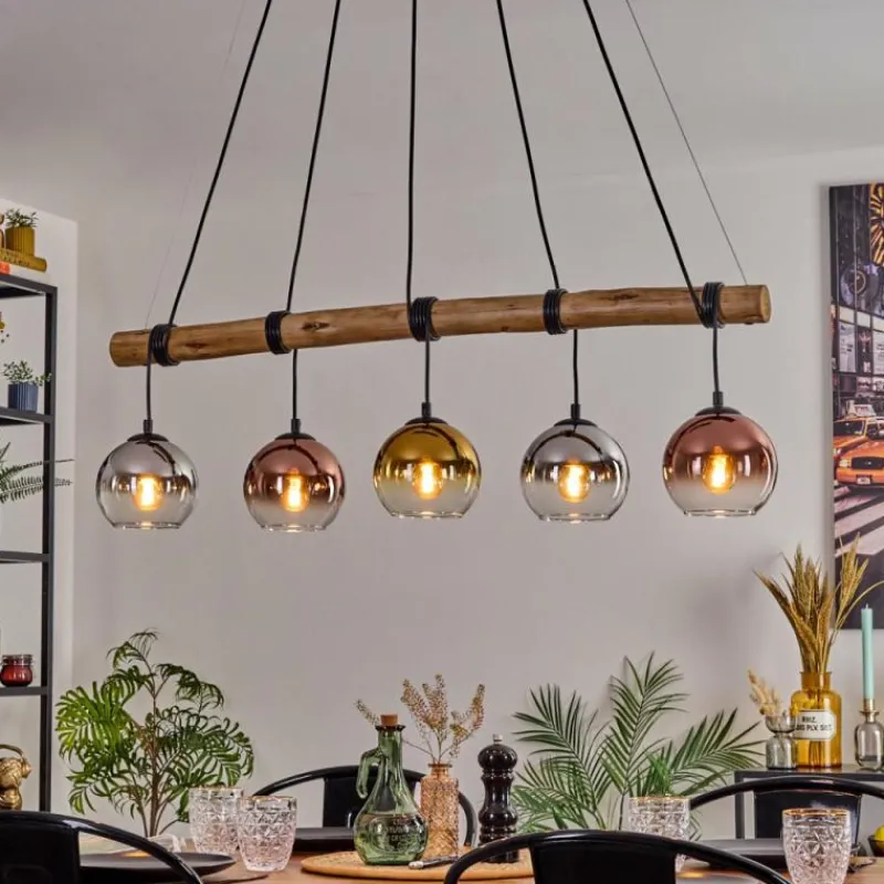 Lampes Dorées-hofstein Koyoto Suspension, Boule lumineuse, Suspension Écru, Noir, 5 lumières