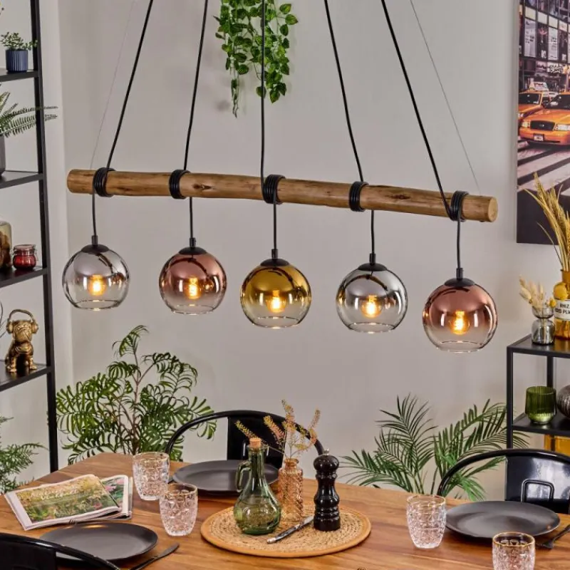 Lampes Dorées-hofstein Koyoto Suspension, Boule lumineuse, Suspension Écru, Noir, 5 lumières