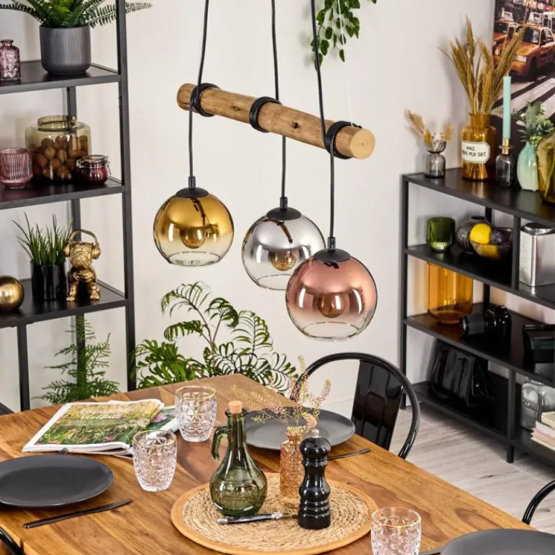 Lampes Dorées-hofstein Koyoto Suspension, Boule lumineuse, Suspension Écru, Noir, 3 lumières