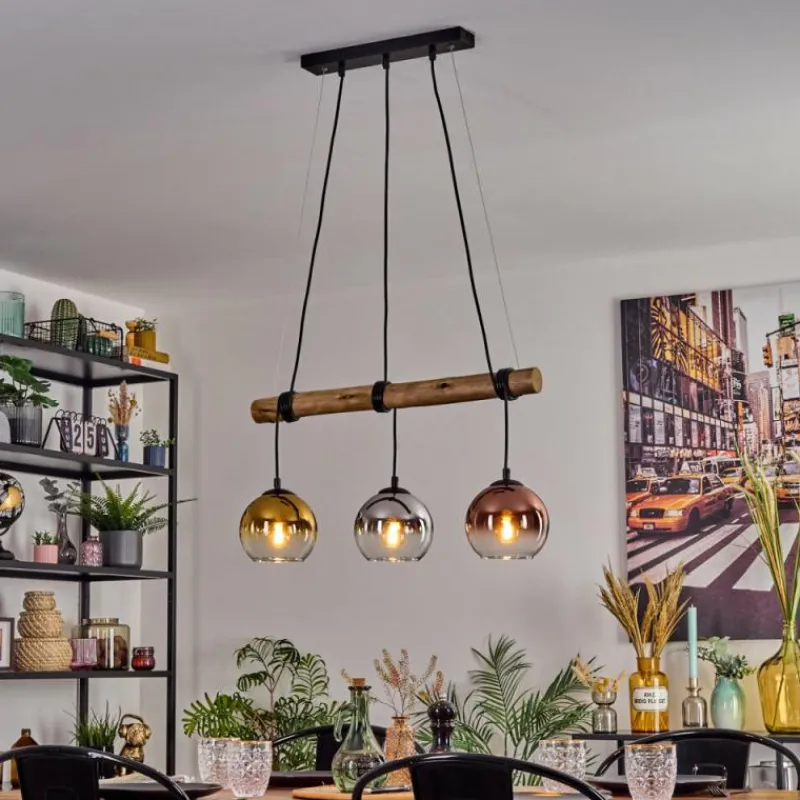 Lampes Dorées-hofstein Koyoto Suspension, Boule lumineuse, Suspension Écru, Noir, 3 lumières