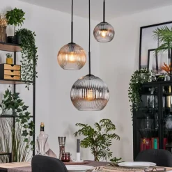 hofstein Koyoto Suspension, Boule lumineuse, Suspension Ambre, Clair, Fumé, 3 lumières