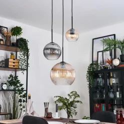 hofstein Koyoto Suspension, Boule lumineuse, Suspension Ambre, Clair, Fumé, 3 lumières