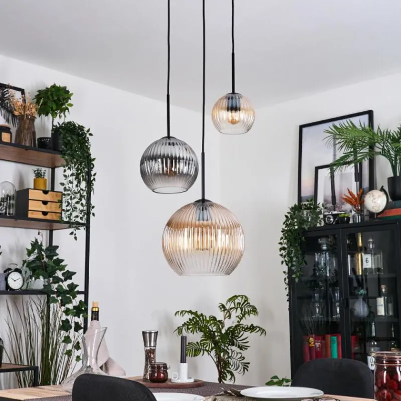 hofstein Koyoto Suspension, Boule lumineuse, Suspension Ambre, Clair, Fumé, 3 lumières