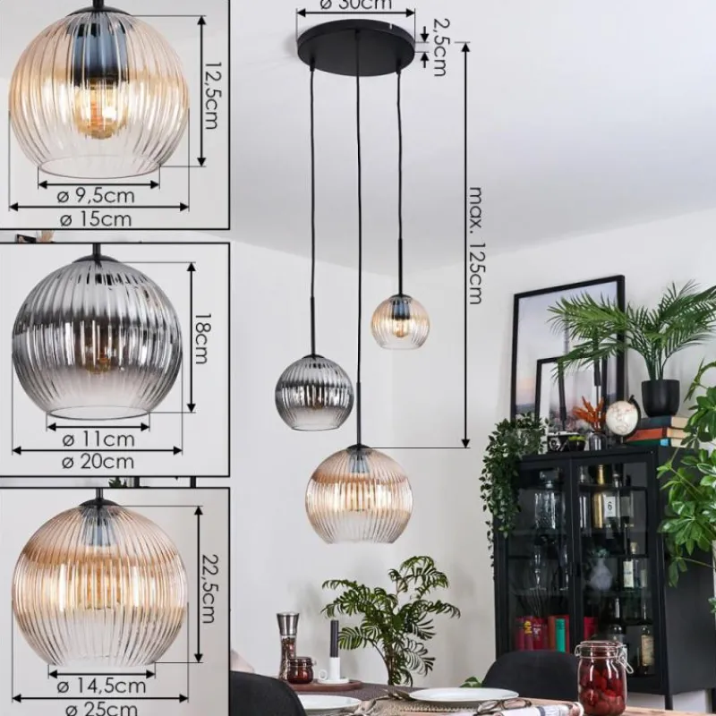 hofstein Koyoto Suspension, Boule lumineuse, Suspension Ambre, Clair, Fumé, 3 lumières