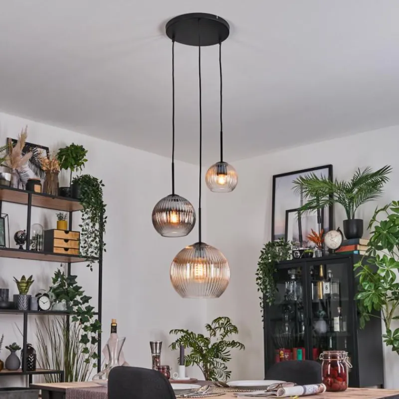 hofstein Koyoto Suspension, Boule lumineuse, Suspension Ambre, Clair, Fumé, 3 lumières