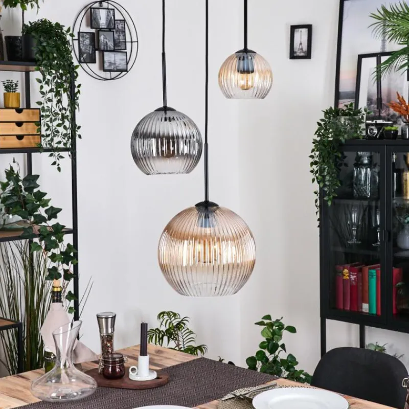 hofstein Koyoto Suspension, Boule lumineuse, Suspension Ambre, Clair, Fumé, 3 lumières