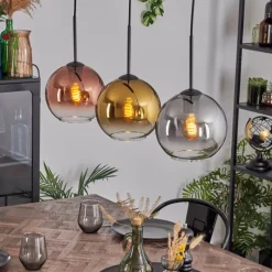 Lampes Dorées-hofstein Koyoto Suspension, Boule lumineuse, Suspension Chrome, Or, Clair, Cuivré, Fumé, 3 lumières