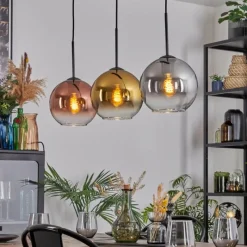 Lampes Dorées-hofstein Koyoto Suspension, Boule lumineuse, Suspension Chrome, Or, Clair, Cuivré, Fumé, 3 lumières