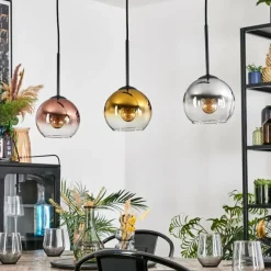 Lampes Dorées-hofstein Koyoto Suspension, Boule lumineuse, Suspension Chrome, Or, Clair, Cuivré, Fumé, 3 lumières