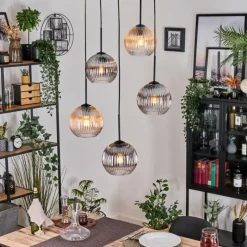 hofstein Koyoto Suspension, Boule lumineuse, Suspension grappe Ambre, Clair, Fumé, 5 lumières