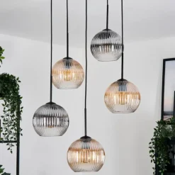 hofstein Koyoto Suspension, Boule lumineuse, Suspension grappe Ambre, Clair, Fumé, 5 lumières