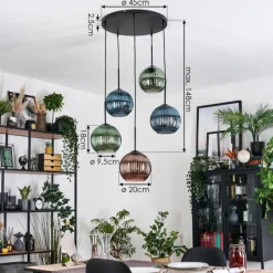 hofstein Koyoto Suspension, Boule lumineuse, Suspension grappe 45 cm Bleu, Vert, Cuivré, 5 lumières