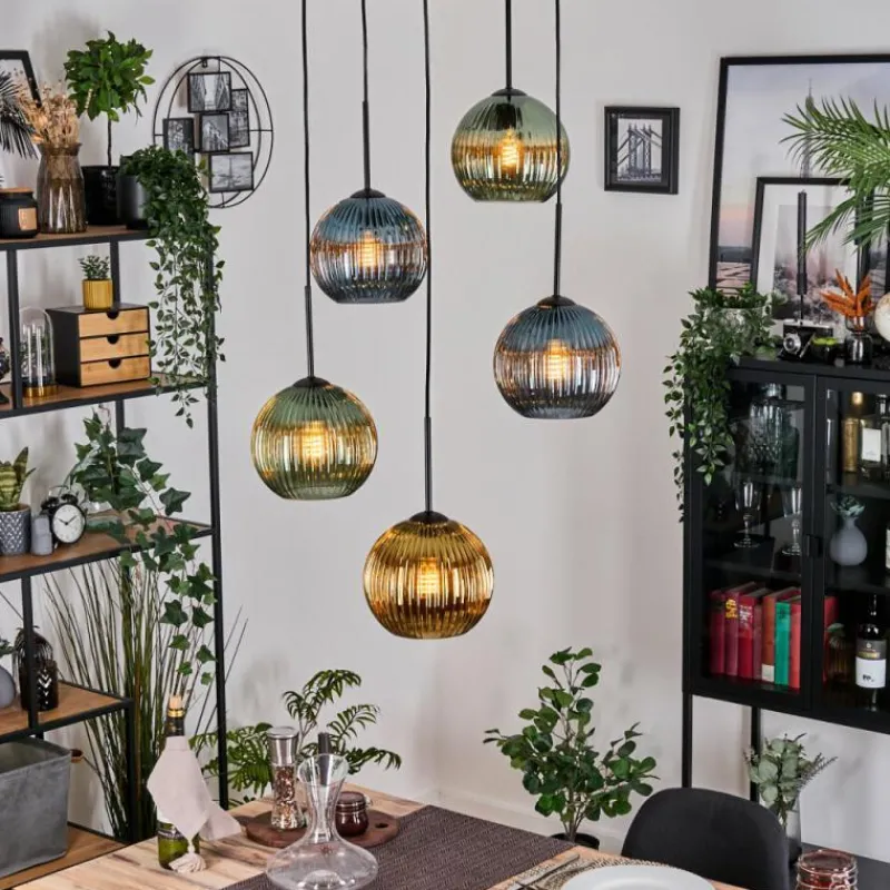 Lampes Dorées-hofstein Koyoto Suspension, Boule lumineuse, Suspension grappe 45 cm Bleu, Or, Vert, 5 lumières