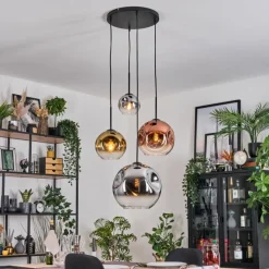 Lampes Dorées-hofstein Koyoto Suspension, Boule lumineuse, Suspension grappe Chrome, Or, Clair, Cuivré, Fumé, 4 lumières