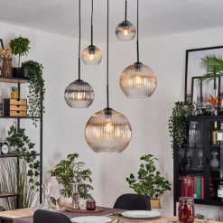 hofstein Koyoto Suspension, Boule lumineuse, Suspension grappe Ambre, Clair, Fumé, 5 lumières