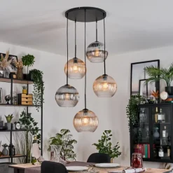 hofstein Koyoto Suspension, Boule lumineuse, Suspension grappe Ambre, Clair, Fumé, 5 lumières